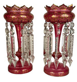 Large Antique Pair of Gilt  Cranberry Lusters