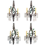 Set of Four 1950s Italian Floral and Beaded Two-Light Wall Sconces