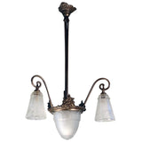 French Art Deco Patinated Bronze Pendant with Three Art Glass Shades