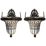 Pair of American Early 20th Century Bronze and Leaded Glass Wall Sconce