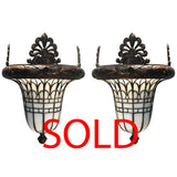 Pair of American Early 20th Century Bronze and Leaded Glass Wall Sconce