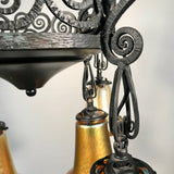 French Art Deco Iron Eight-Light Chandelier with Quezal Shades