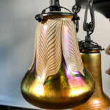 French Art Deco Iron Eight-Light Chandelier with Quezal Shades