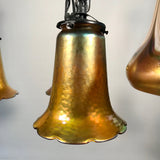 French Art Deco Iron Eight-Light Chandelier with Quezal Shades