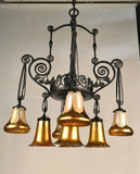 French Art Deco Iron Eight-Light Chandelier with Quezal Shades