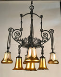 French Art Deco Iron Eight-Light Chandelier with Quezal Shades