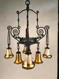 French Art Deco Iron Eight-Light Chandelier with Quezal Shades