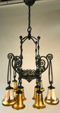 French Art Deco Iron Eight-Light Chandelier with Quezal Shades