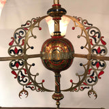 French "Orientalist" Three-Light Enameled Brass Gasolier with Art Glass Shades