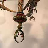 French "Orientalist" Three-Light Enameled Brass Gasolier with Art Glass Shades