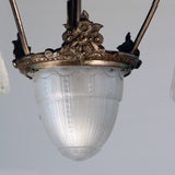 French Art Deco Patinated Bronze Pendant with Three Art Glass Shades