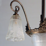 French Art Deco Patinated Bronze Pendant with Three Art Glass Shades