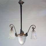 French Art Deco Patinated Bronze Pendant with Three Art Glass Shades