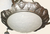 French Art Deco Patinated Bronze Pendant with Three Art Glass Shades