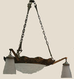 French Art Deco Patinated Bronze Pendant with Three Art Glass Shades