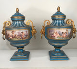 Antique Pair of French "Sevres" Bleu Celeste and Gilt Bronze Covered Urns