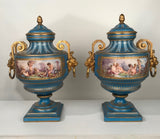 Antique Pair of French "Sevres" Bleu Celeste and Gilt Bronze Covered Urns