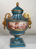 Antique Pair of French "Sevres" Bleu Celeste and Gilt Bronze Covered Urns