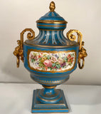 Antique Pair of French "Sevres" Bleu Celeste and Gilt Bronze Covered Urns
