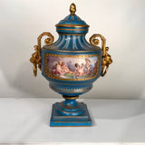 Antique Pair of French "Sevres" Bleu Celeste and Gilt Bronze Covered Urns