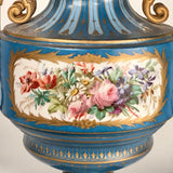 Antique Pair of French "Sevres" Bleu Celeste and Gilt Bronze Covered Urns