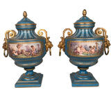 Antique Pair of French "Sevres" Bleu Celeste and Gilt Bronze Covered Urns