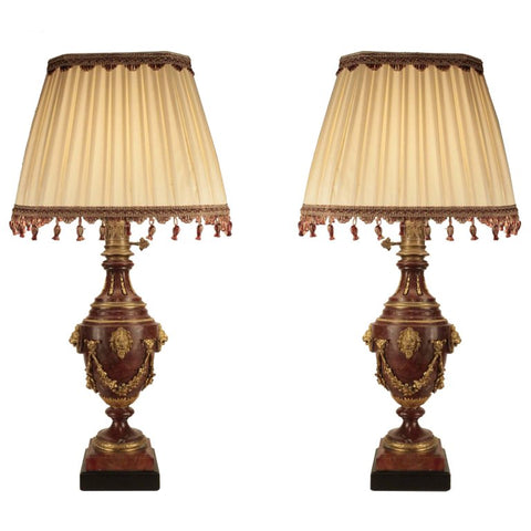 Pair of Rouge Marble and Gilt Bronze Lamps