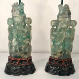 Large Pair of Antique Chinese Green Quartz Covered Urns