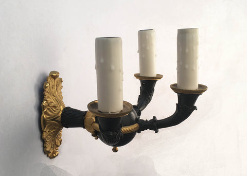 Set of Four Empire Style Three-Light Wall Sconces, Gilt and Patinated