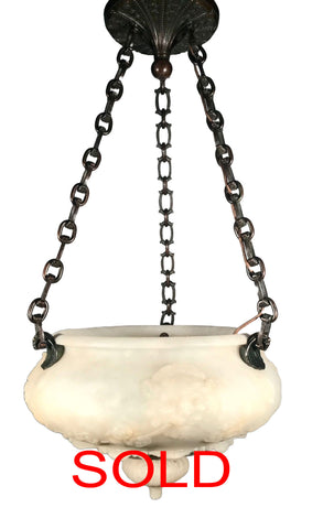 Miller Bronze and Alabaster Bowl-Shaped Carved Pendant Fixture