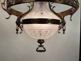 Antique French Chandelier, Bronze & Frosted Glass, Art Nouveau, 1880