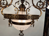 Antique French Chandelier, Bronze & Frosted Glass, Art Nouveau, 1880