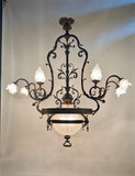 Antique French Chandelier, Bronze & Frosted Glass, Art Nouveau, 1880