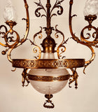 Antique French Chandelier, Bronze & Frosted Glass, Art Nouveau, 1880