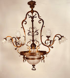 Antique French Chandelier, Bronze & Frosted Glass, Art Nouveau, 1880