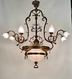 Antique French Chandelier, Bronze & Frosted Glass, Art Nouveau, 1880