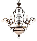 Antique French Chandelier, Bronze & Frosted Glass, Art Nouveau, 1880