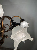 Antique French Chandelier, Bronze & Frosted Glass, Art Nouveau, 1880