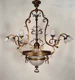 Antique French Chandelier, Bronze & Frosted Glass, Art Nouveau, 1880