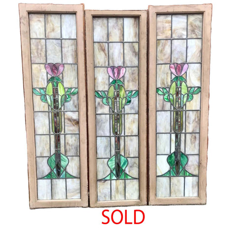 Set of Three Art Nouveau Stained Glass Windows