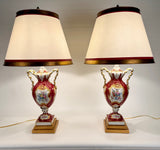 Pair of French Porcelain Red and Gilt Vases (Now Lamps)