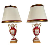 Pair of French Porcelain Red and Gilt Vases (Now Lamps)