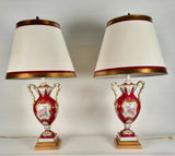 Pair of French Porcelain Red and Gilt Vases (Now Lamps)