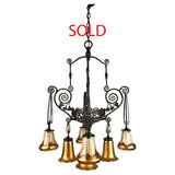 French Art Deco Iron Eight-Light Chandelier with Quezal Shades