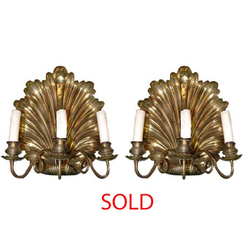 Pair of Unusual  Shell Backed Three-Arm Brass Wall Sconces