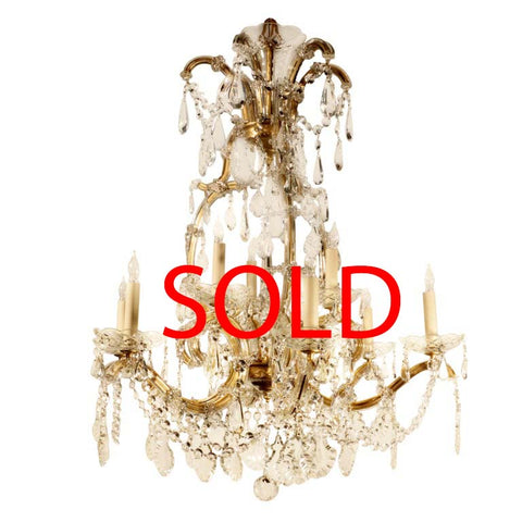 Nine Light Marie-Therese Style Crystal and Bronze Chandelier