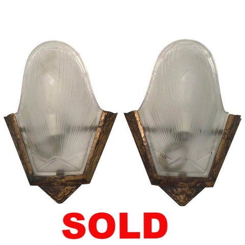 Pair of French Art Deco Bronze and Frosted Glass Wall Sconces