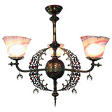 French "Orientalist" Three-Light Enameled Brass Gasolier with Art Glass Shades