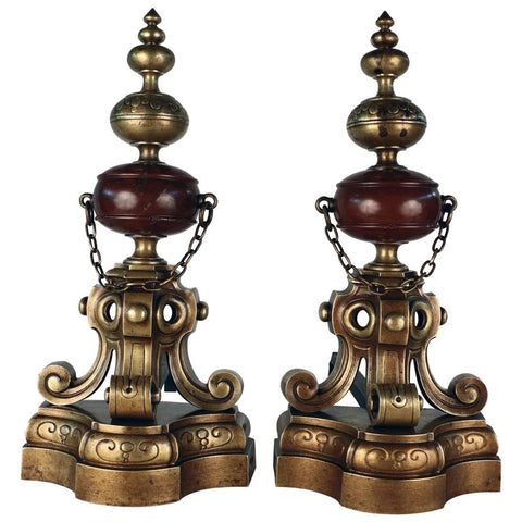 Pair of French 19th Century Louis XIV Style Bronze and Marble Chenets / Andirons