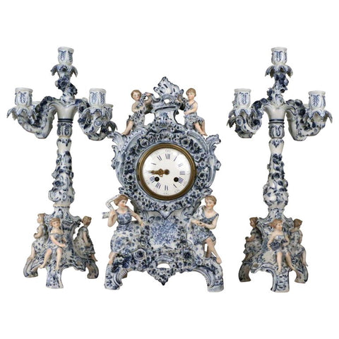 Antique German Three Piece Porcelain Clock Garniture
